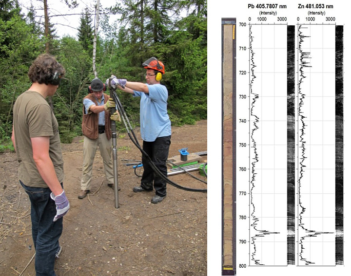 Rammkernsondierung und Bohrkern einer Tailingshalde