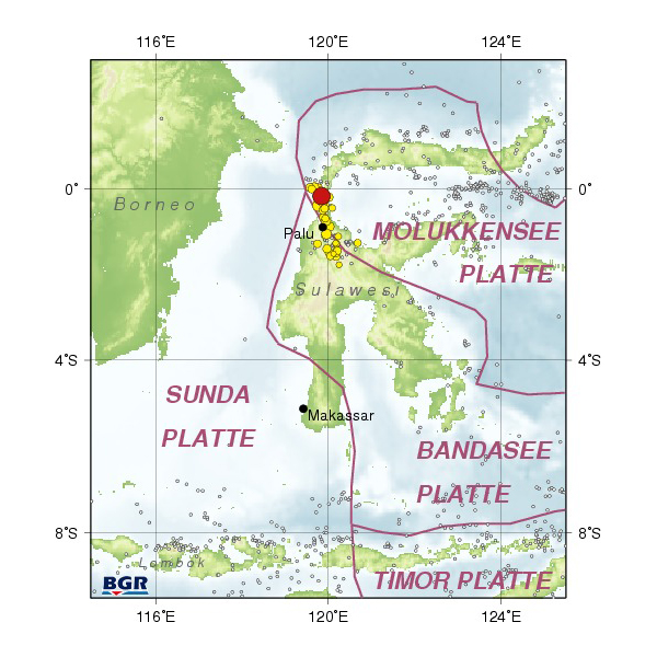 Die Karte zeigt das Hauptbeben von Sulawesi (roter Punkt) und die Nachbeben in den folgenden drei Tagen.