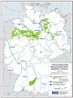 Karte von nach älteren Studien als untersuchungswürdig erachteten Steinsalz- und Tonsteinformationen in Deutschland