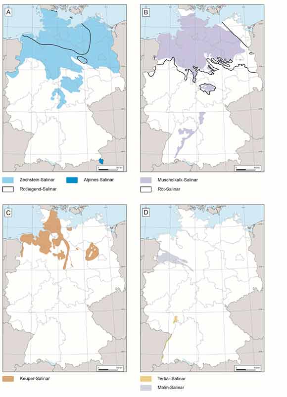 Schematische on-shore-Verbreitung der altersverschiedenen Halit-führenden Schichtenfolgen in Deutschland