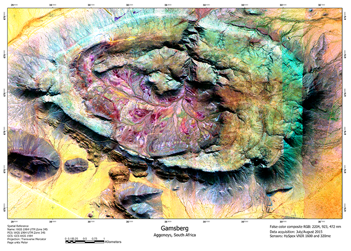 Gamsberg, Nordkap-Provinz Südafrika, als Falschfarbendarstellung aus HySPEX-Daten RGB: 2204, 923, 472 nm