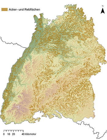 Abbildung 1. Ackerstandorte in Baden-Württemberg als Basisdatensatz zur Eingrenzung der Flächen auf denen oberflächennahe Bodenparameter abgeleitet werden 