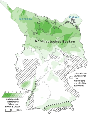Verbreitung und Sedimentmächtigkeit mesozoisch-känozoischer Becken- und Grabenstrukturen in Deutschland